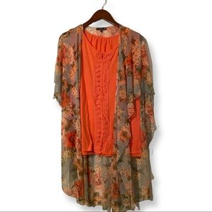 XL floral kimono and orange tank top